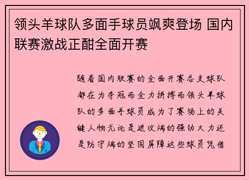 领头羊球队多面手球员飒爽登场 国内联赛激战正酣全面开赛